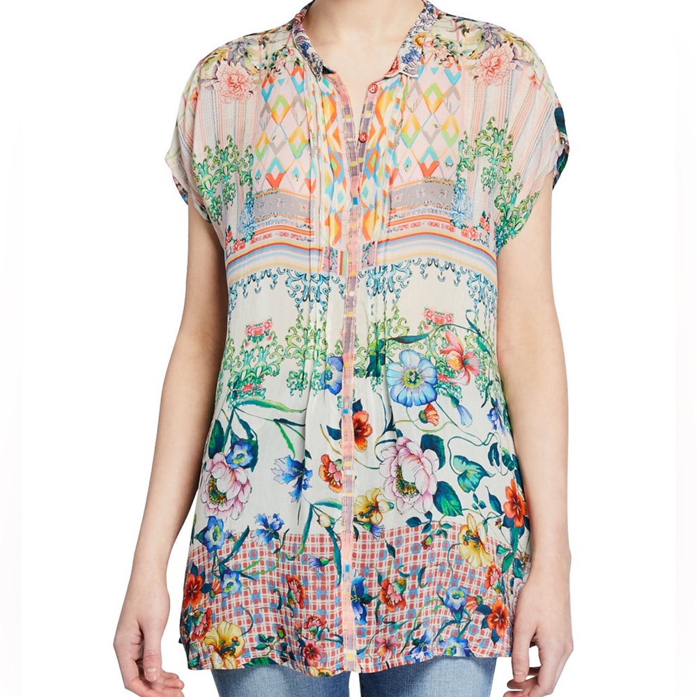 Johnny Was Cali Button Front Floral Print Georgette Blouse Mixed Print